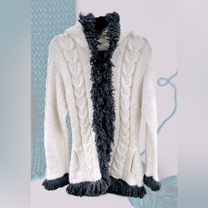 NWOT Handmade Wool Zip Up Hooded Jacket, M/L, White/Gray, Wool Blend, Pockets